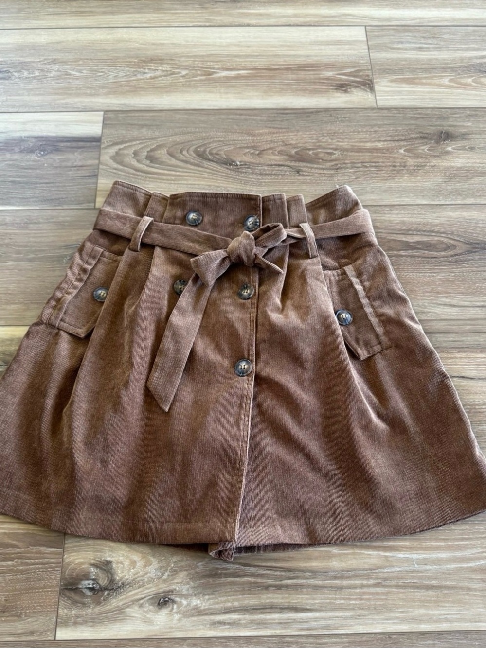 bohme Brown Corduroy Button-Front Mini Skirt with Tie Waist